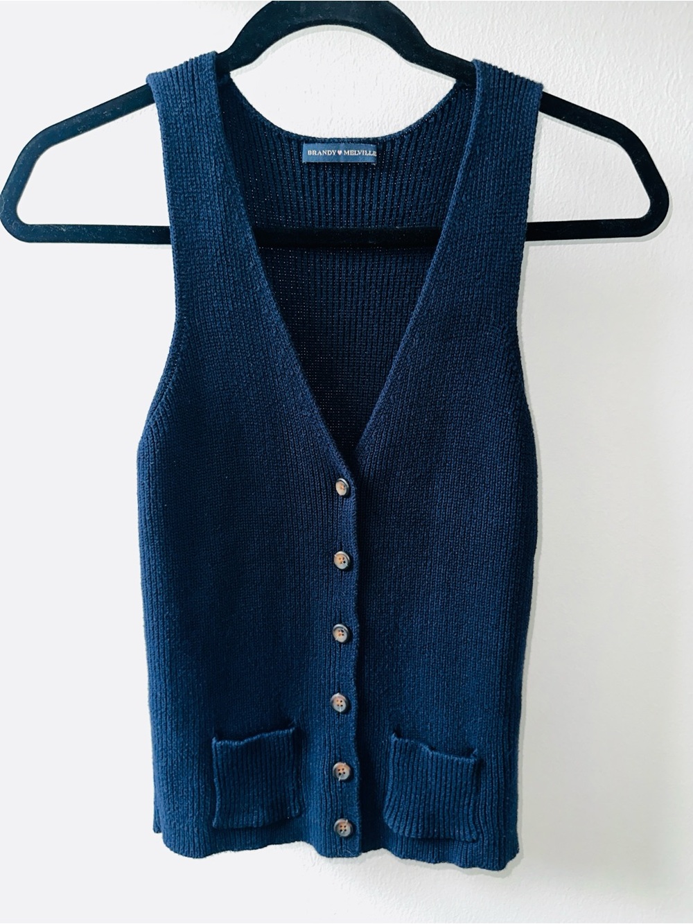 BRANDY MELVILLE Navy Knit Button-Front Vest Sweater with 2 Small Pockets